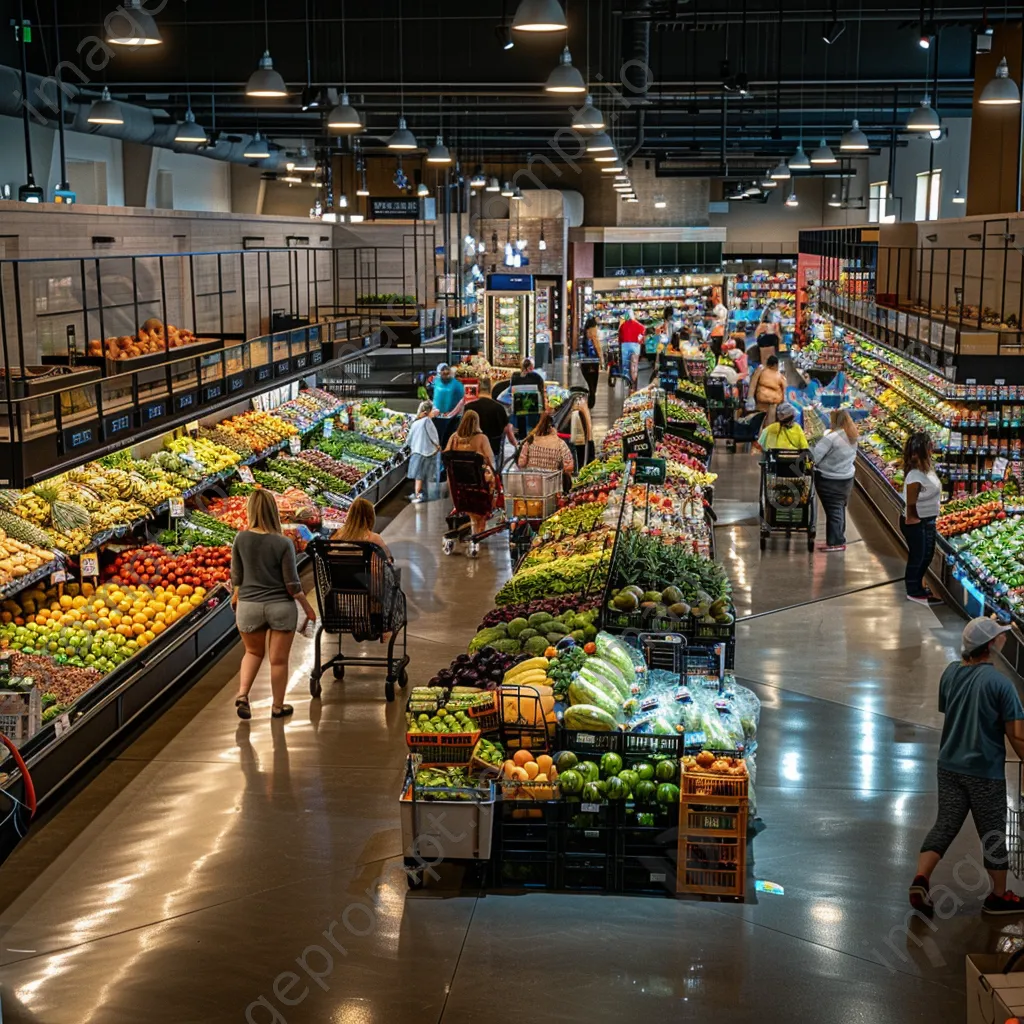 Shoppers in a colorful supermarket aisle with fresh produce and carts. - Image 2