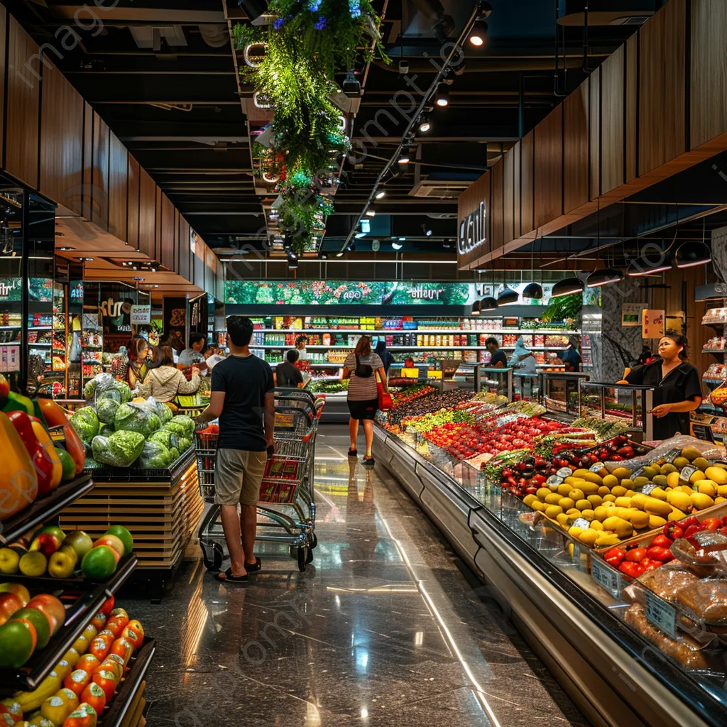 Shoppers in a colorful supermarket aisle with fresh produce and carts. - Image 3