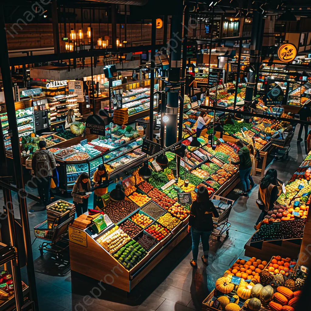 Shoppers in a colorful supermarket aisle with fresh produce and carts. - Image 4