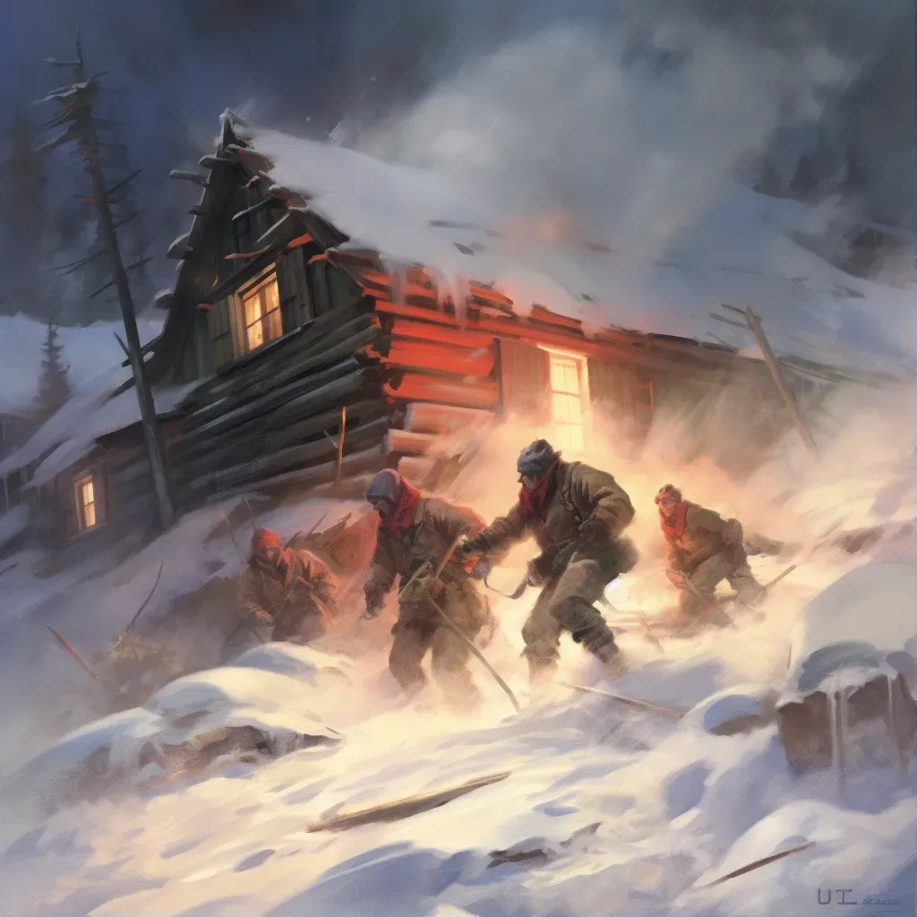 Image of mountaineers in a blizzard with a distant warm cabin - Image 1