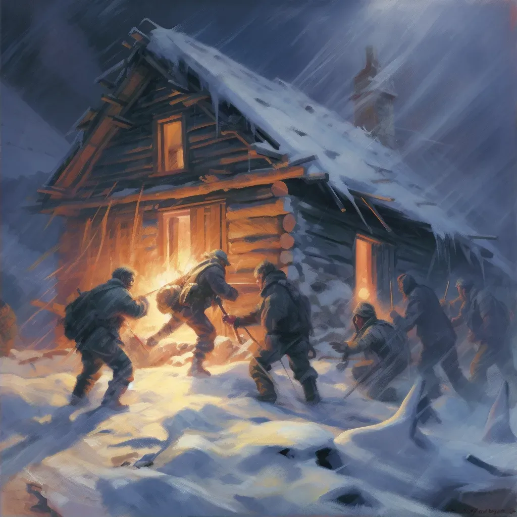 Image of mountaineers in a blizzard with a distant warm cabin - Image 2