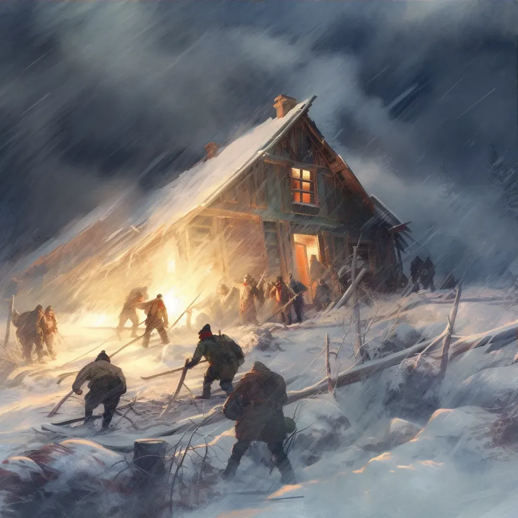 Image of mountaineers in a blizzard with a distant warm cabin - Image 3