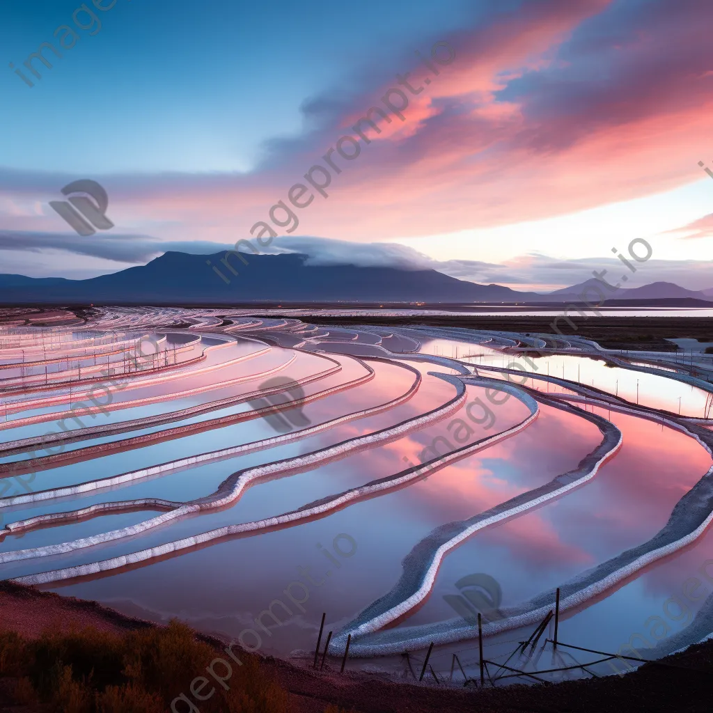 Panoramic view of evaporation ponds at dawn - Image 1