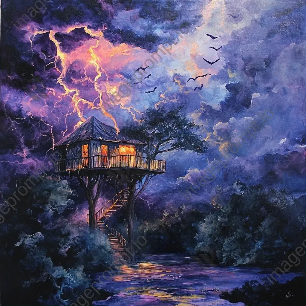 Acrylic painting of a bold thunderstorm seen from the safety of a treehouse - Image 1