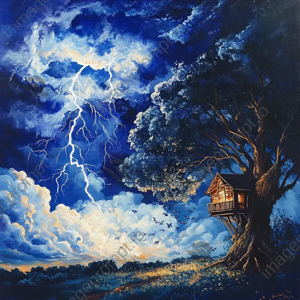 Acrylic painting of a bold thunderstorm seen from the safety of a treehouse - Image 2