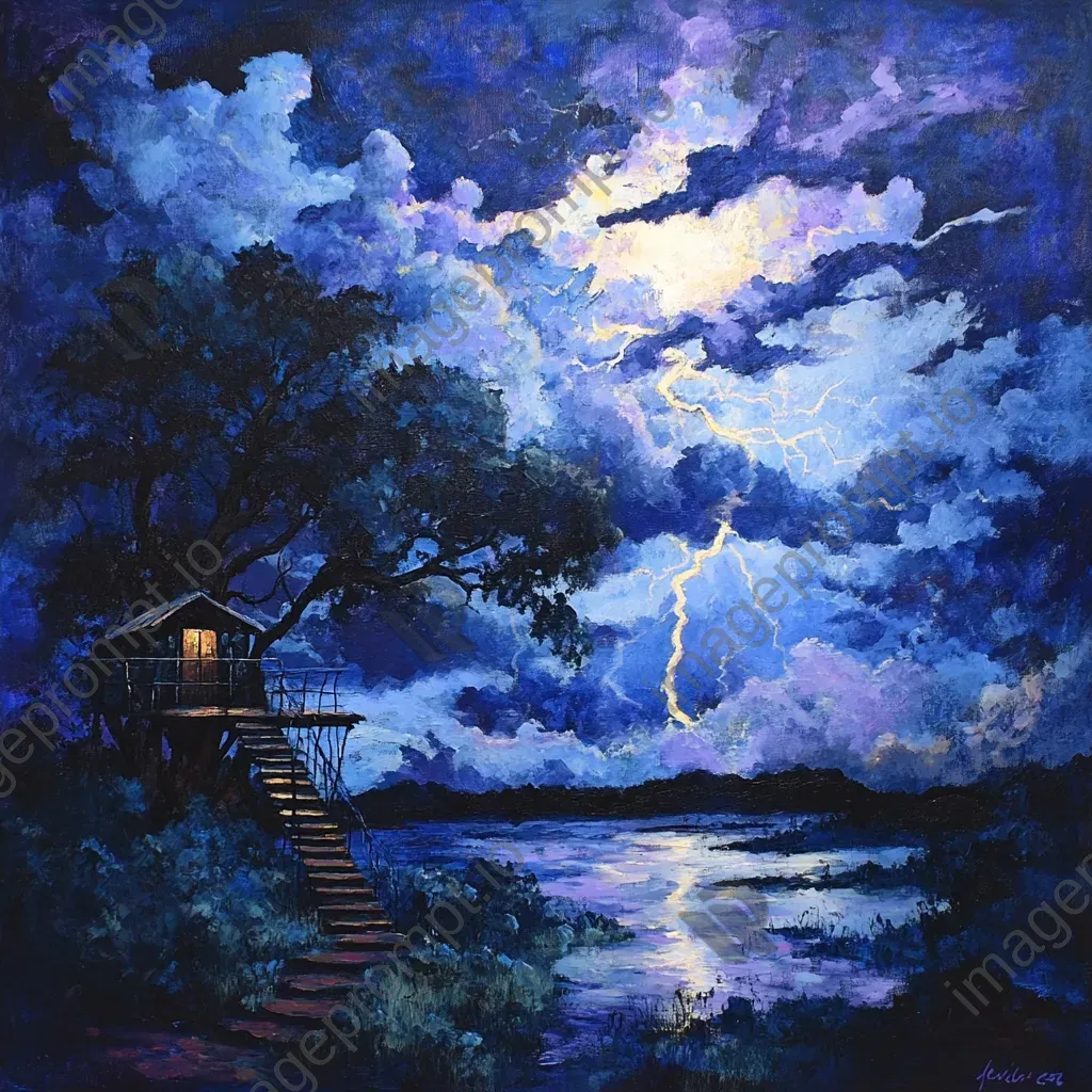 Acrylic painting of a bold thunderstorm seen from the safety of a treehouse - Image 4