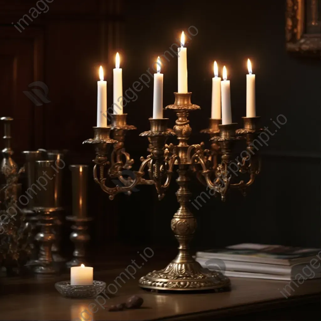 Antique brass candelabra with lit candles - Image 1