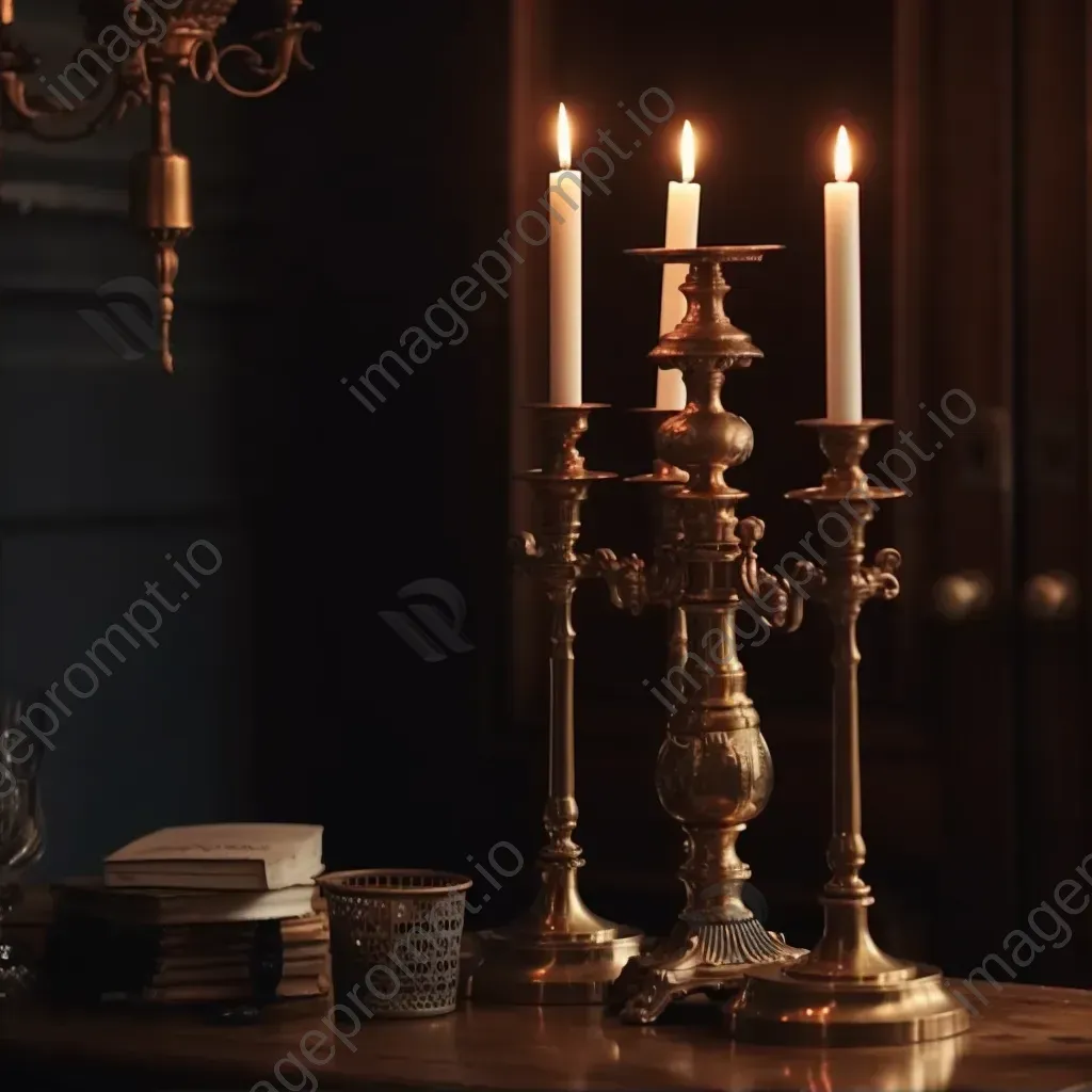 Antique brass candelabra with lit candles - Image 2