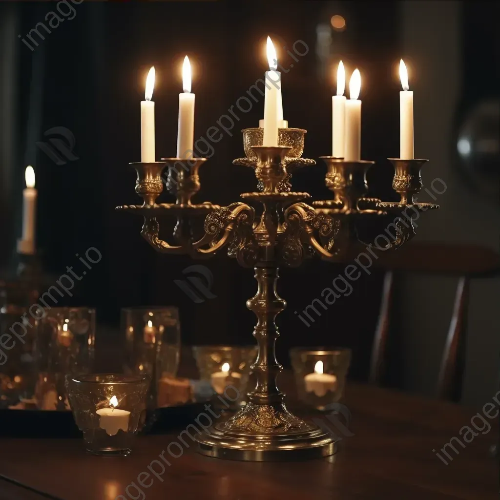 Antique brass candelabra with lit candles - Image 3