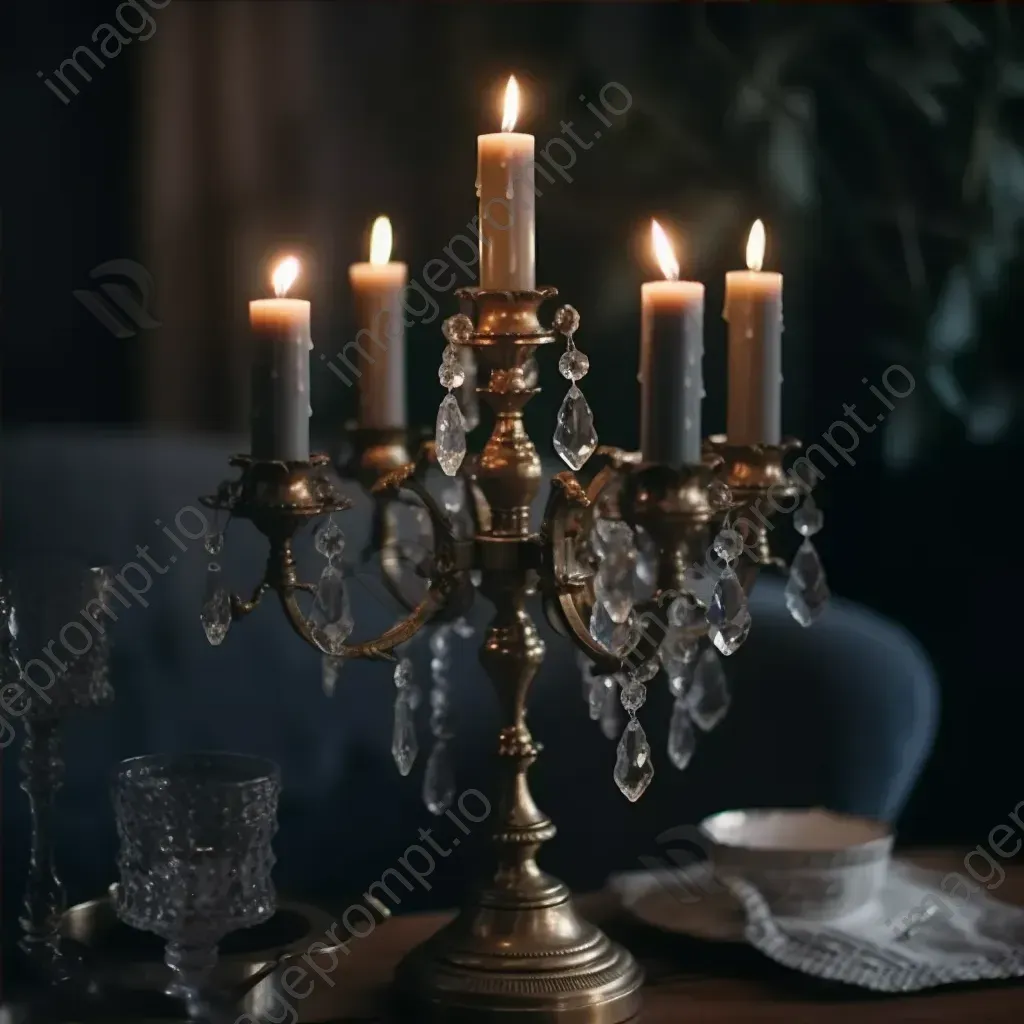 Antique brass candelabra with lit candles - Image 4