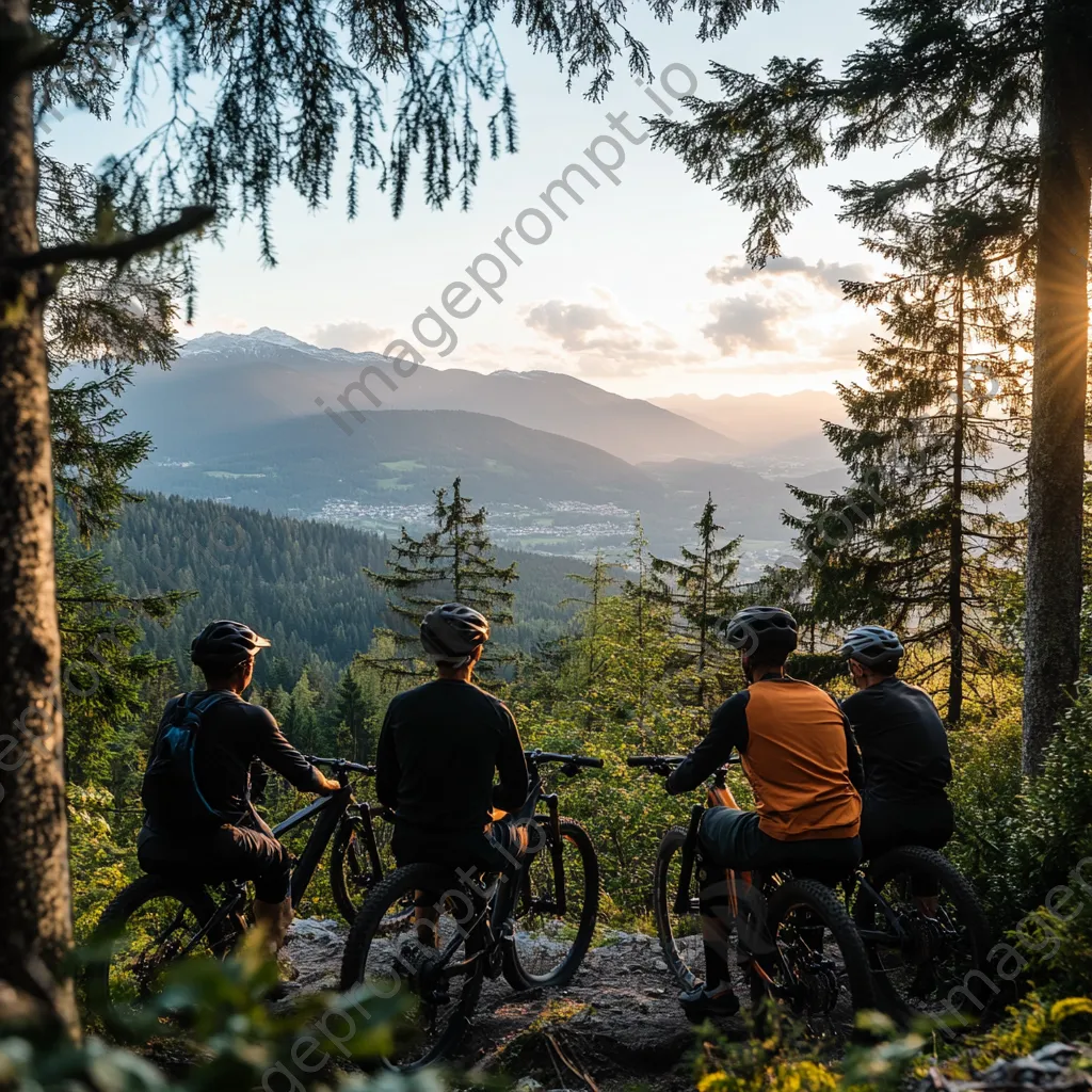 Group of cyclists resting at a scenic viewpoint after a mountain biking trail. - Image 1