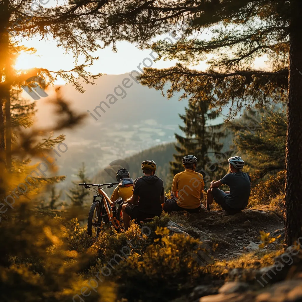 Group of cyclists resting at a scenic viewpoint after a mountain biking trail. - Image 3