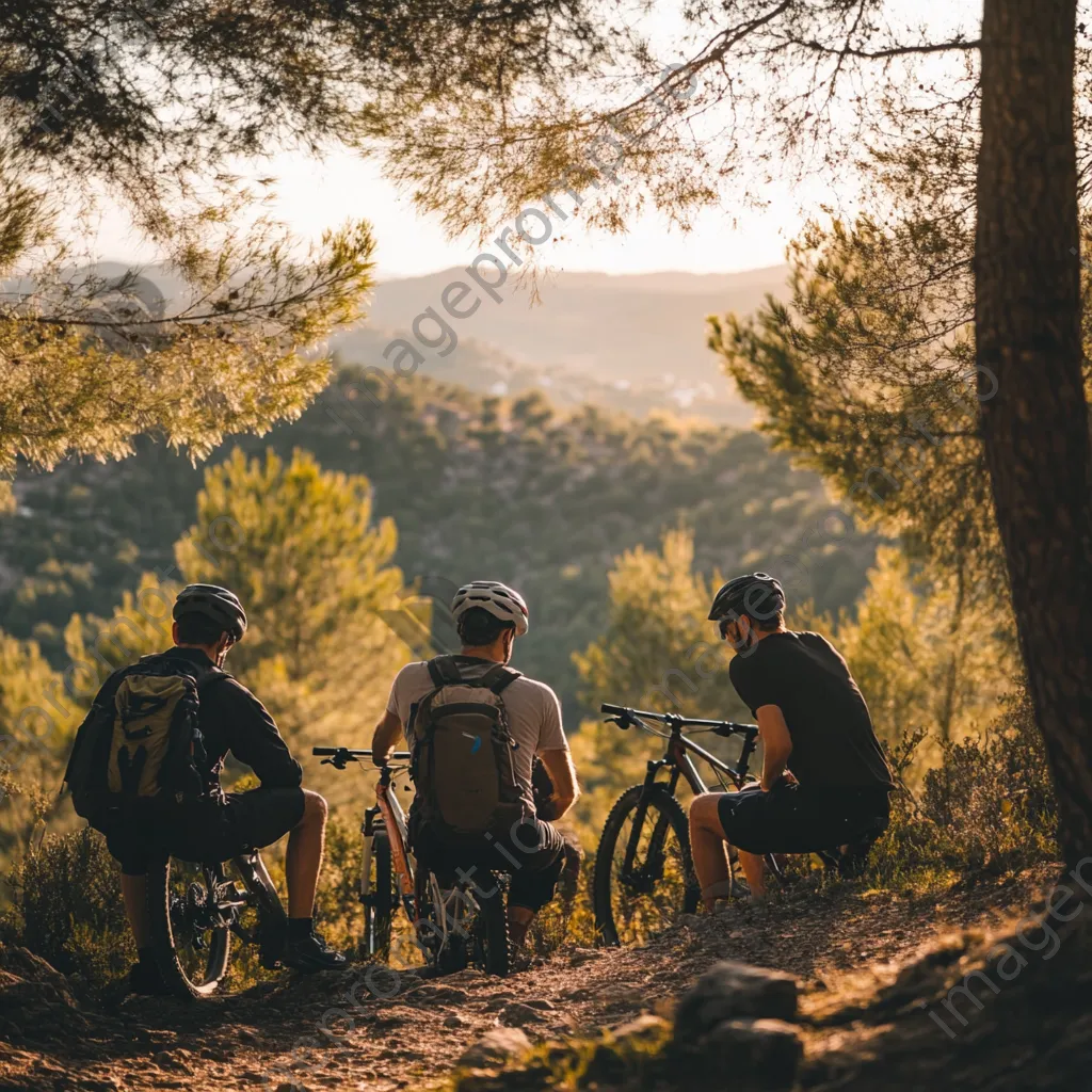 Group of cyclists resting at a scenic viewpoint after a mountain biking trail. - Image 4