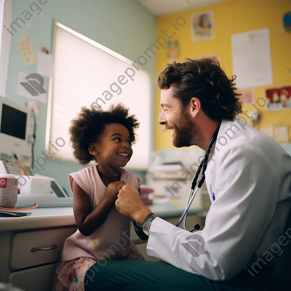 Pediatrician smiling at young patient in bright room - Image 1