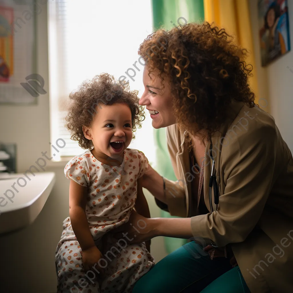 Pediatrician smiling at young patient in bright room - Image 3