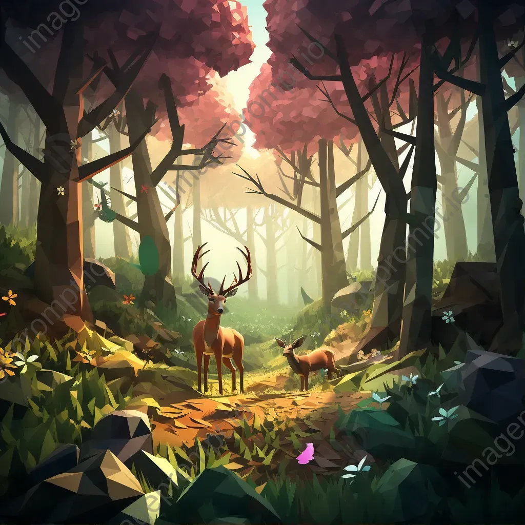 Low poly enchanted forest scene with ancient trees and thriving fauna under the evening sunlight - Image 1