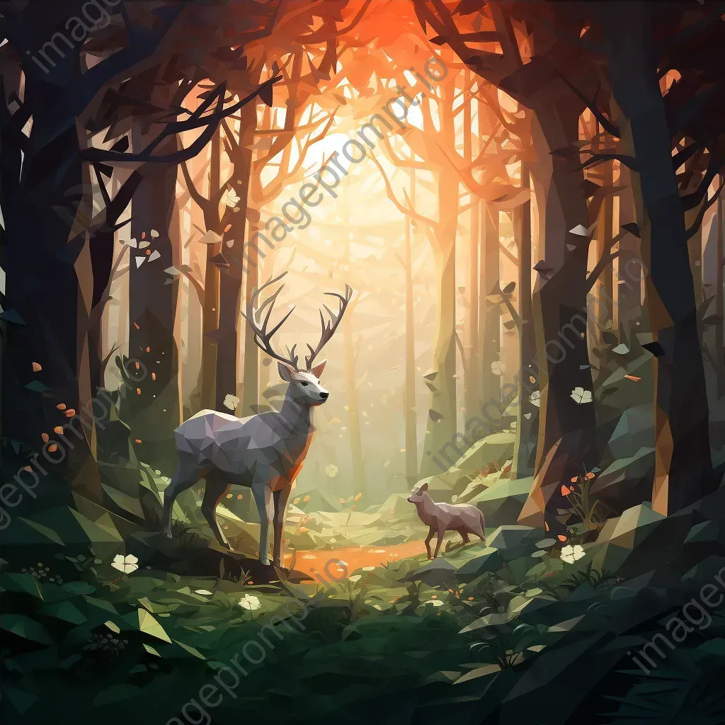 Low poly enchanted forest scene with ancient trees and thriving fauna under the evening sunlight - Image 4