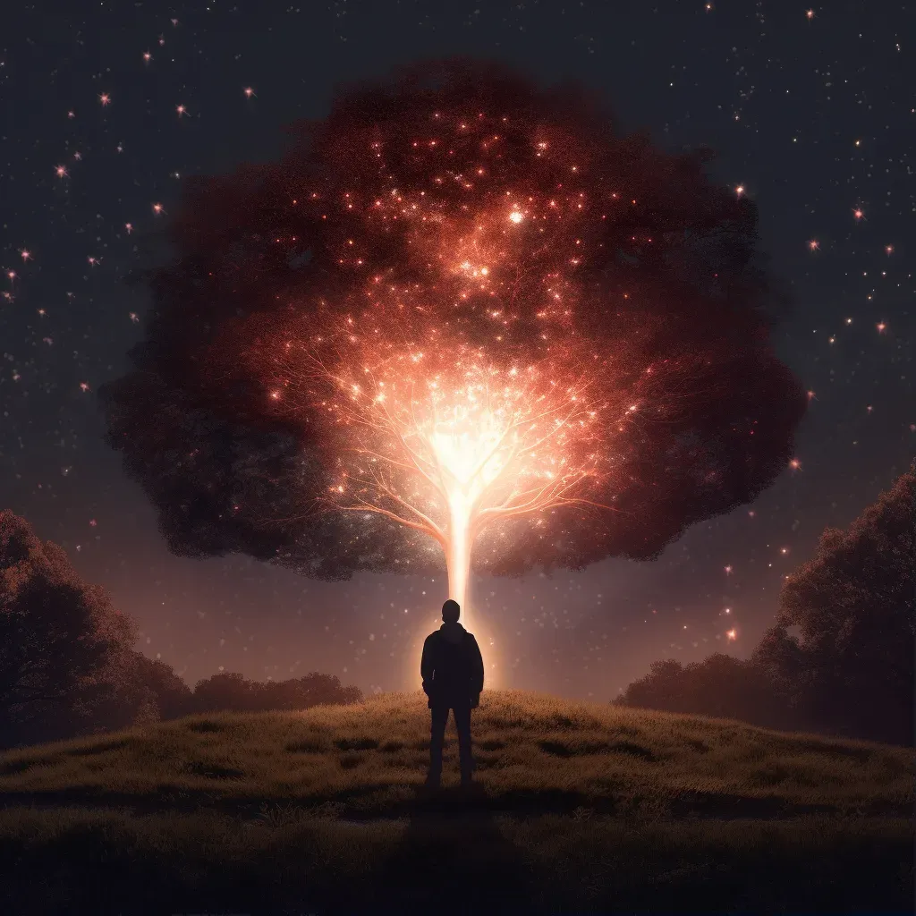 Character standing under a radiant, glowing tree symbolizing the moment of enlightenment - Image 1