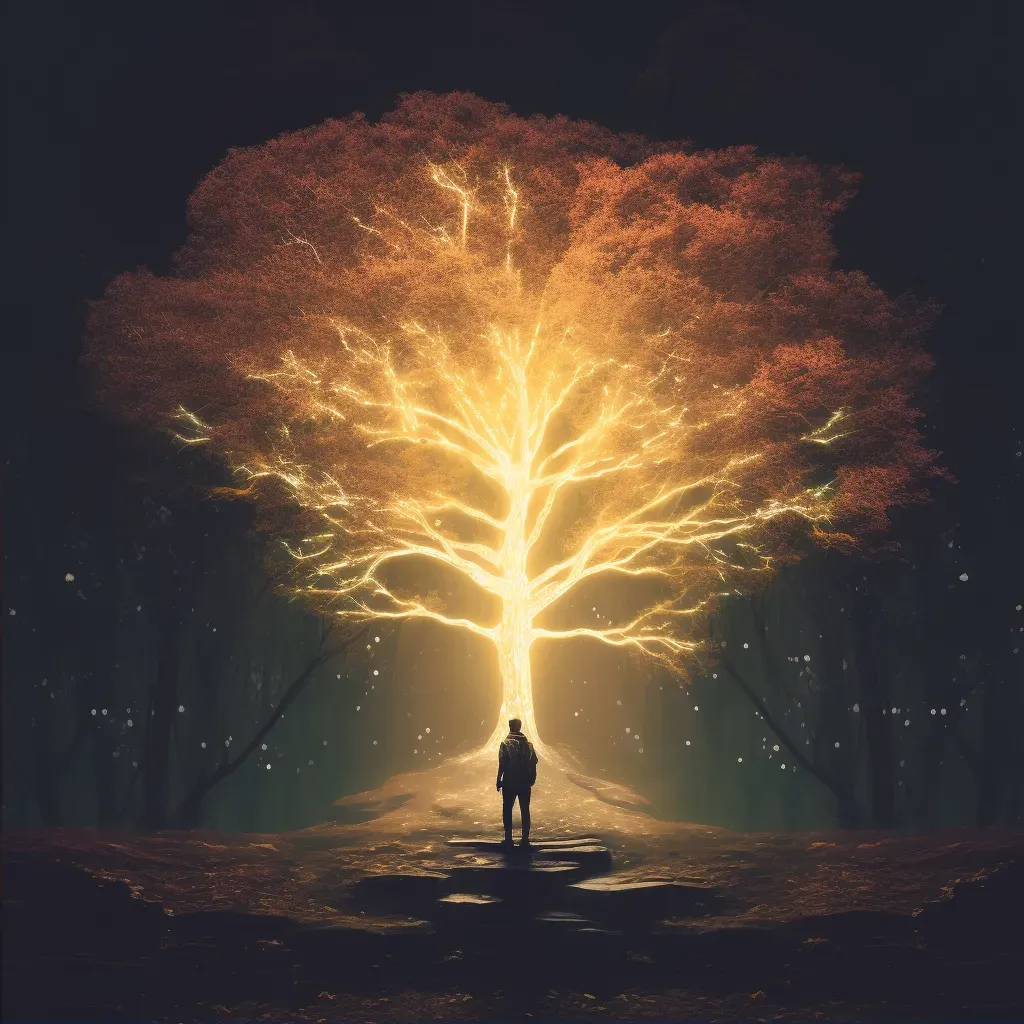 Character standing under a radiant, glowing tree symbolizing the moment of enlightenment - Image 2