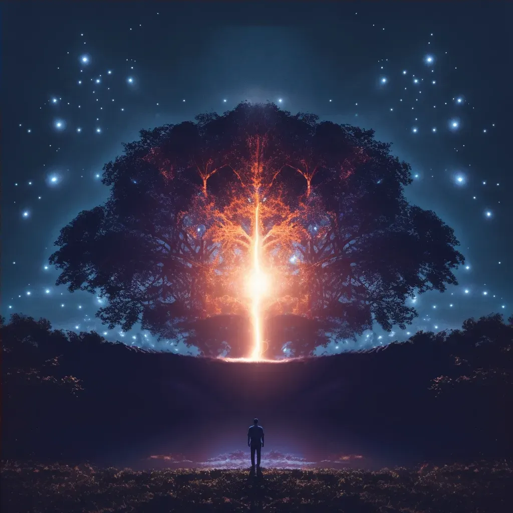 Character standing under a radiant, glowing tree symbolizing the moment of enlightenment - Image 4