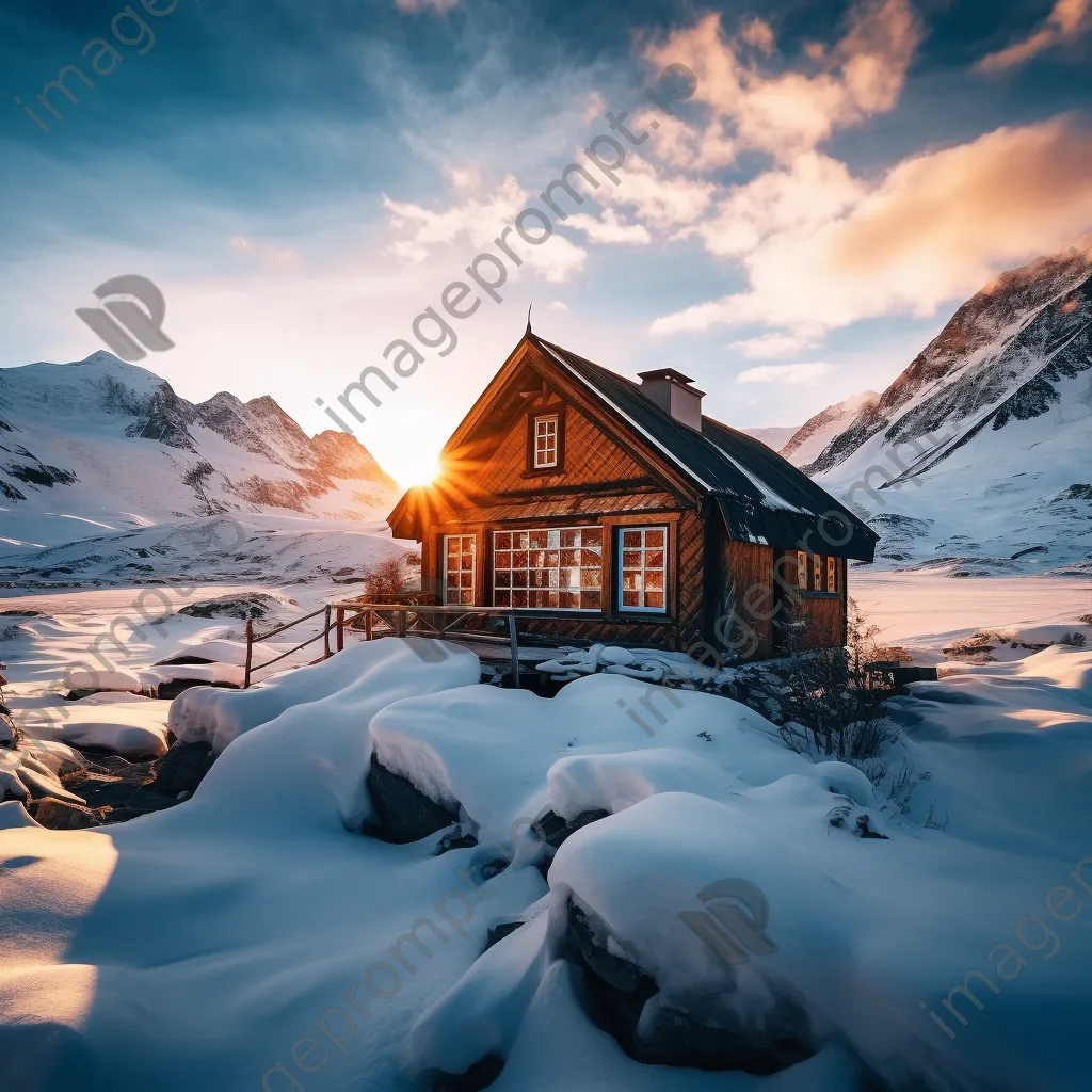 Wooden cabin in snowy landscape with glaciers during sunset - Image 1