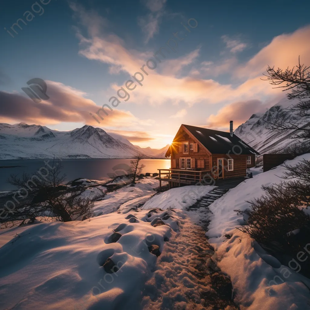 Wooden cabin in snowy landscape with glaciers during sunset - Image 3