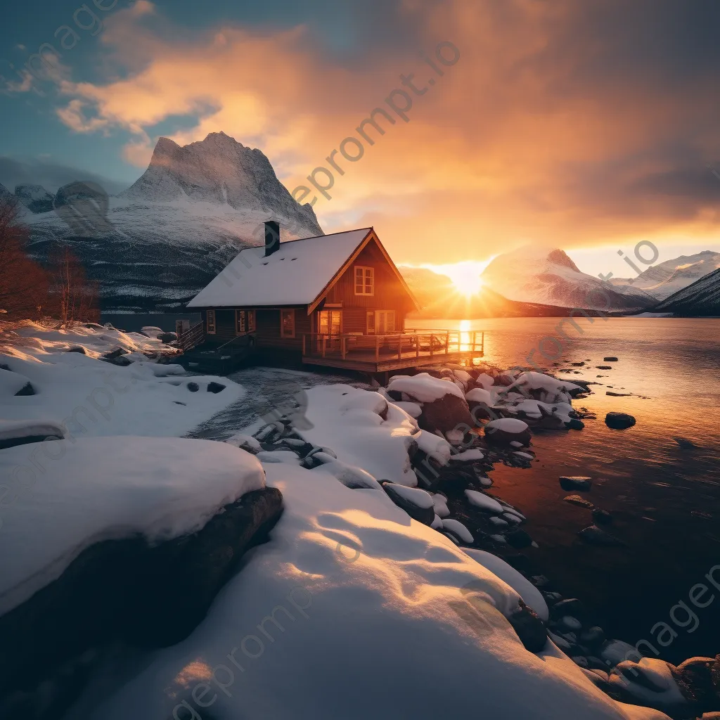 Wooden cabin in snowy landscape with glaciers during sunset - Image 4