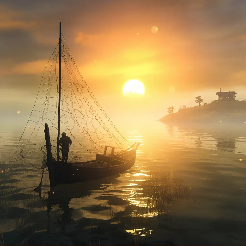 Fisherman throwing net from boat in calm sea at sunrise - Image 1