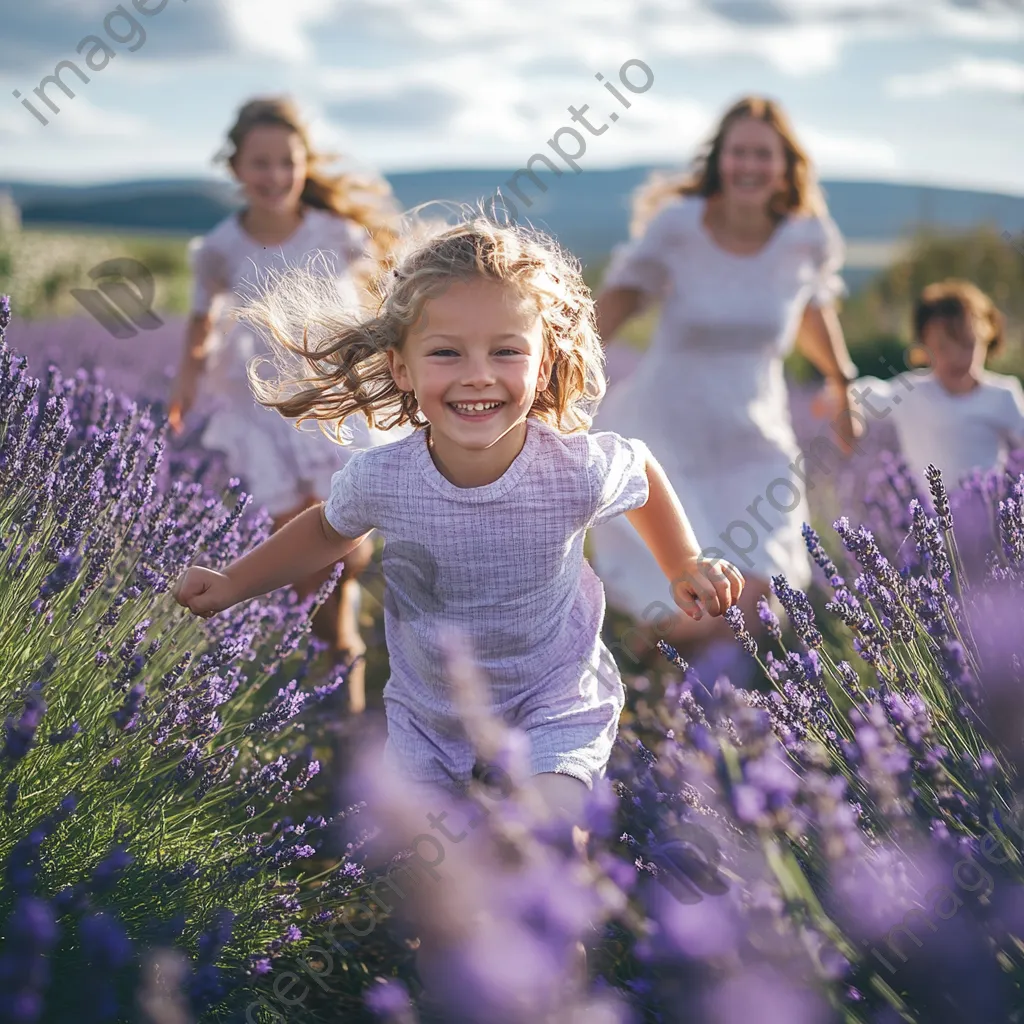 Family playing in a field of lavender flowers. - Image 1