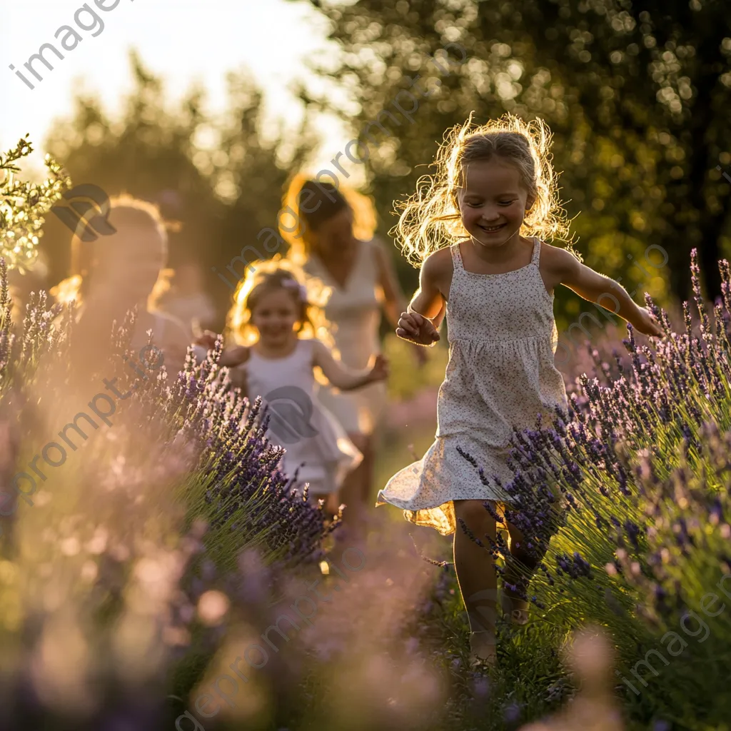 Family playing in a field of lavender flowers. - Image 2