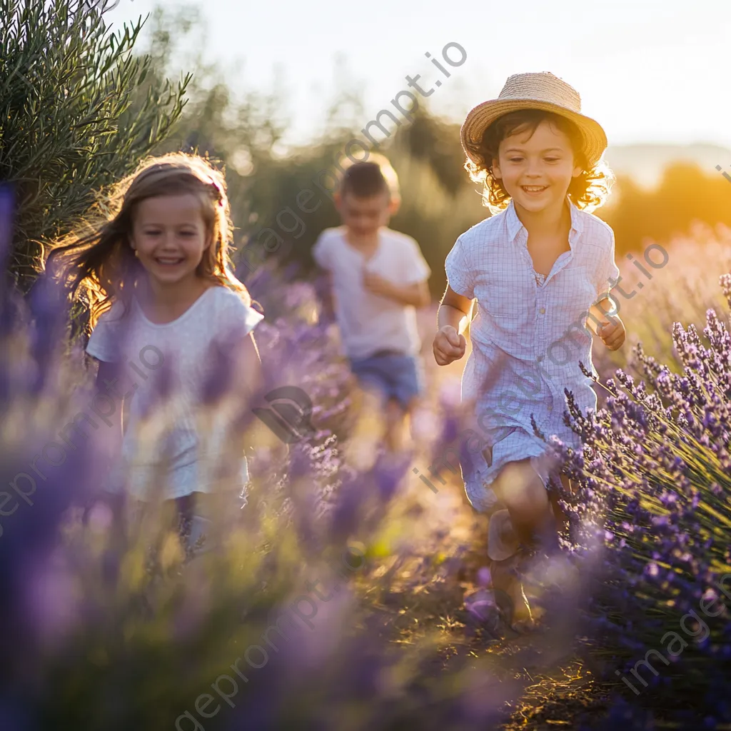 Family playing in a field of lavender flowers. - Image 3