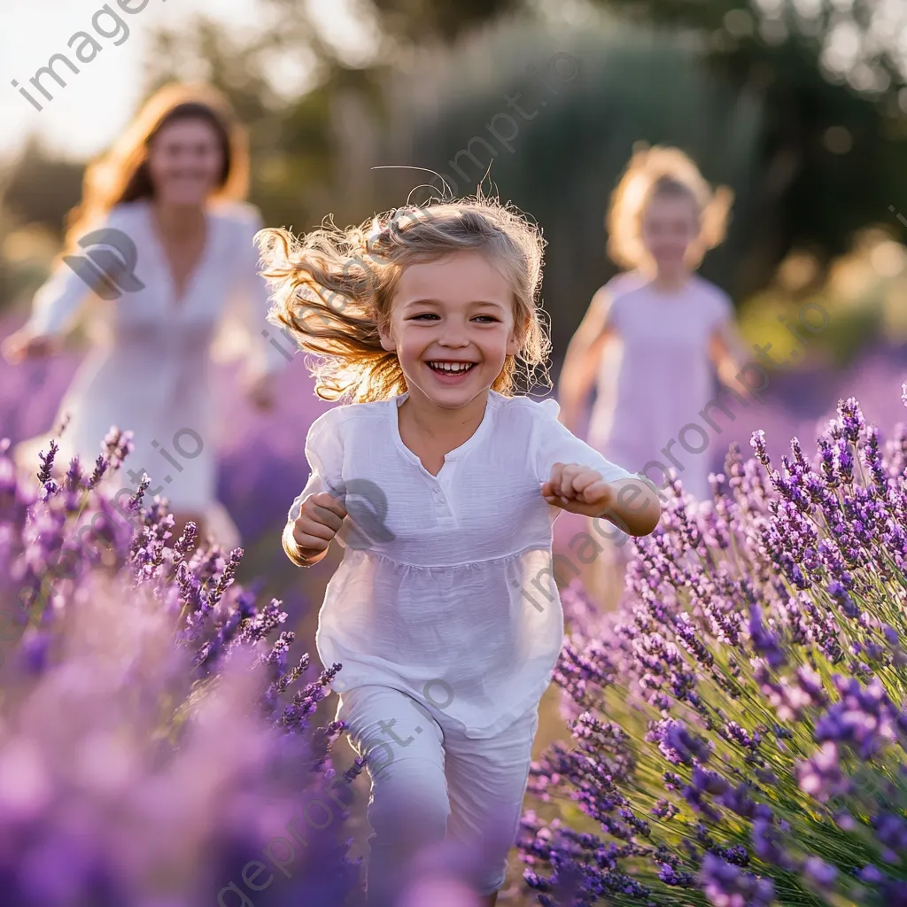 Family playing in a field of lavender flowers. - Image 4