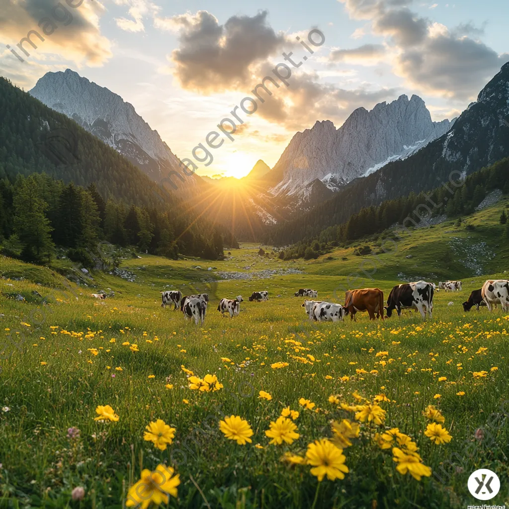 Cattle grazing in an alpine meadow surrounded by vibrant flowers and mountains at sunset. - Image 1