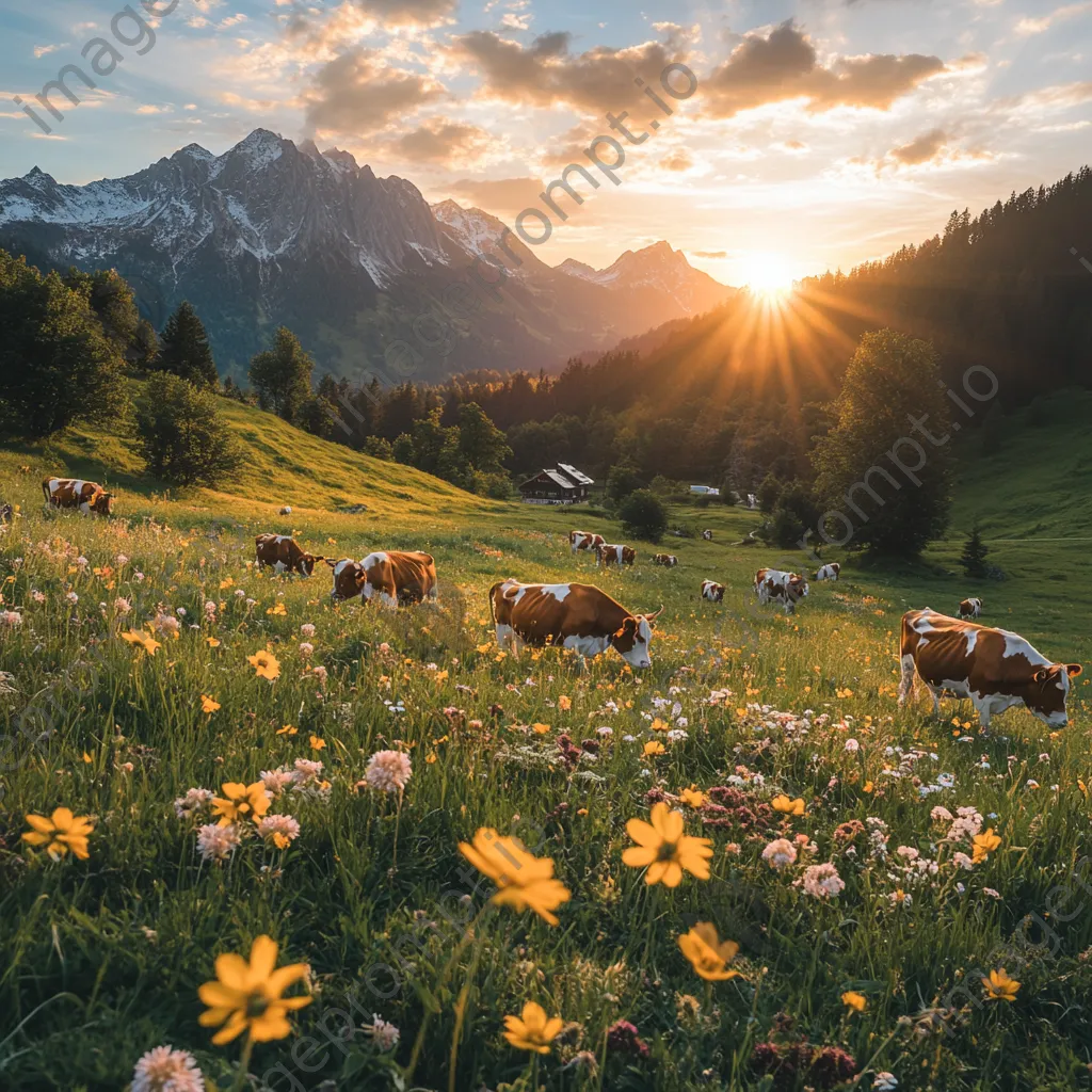 Cattle grazing in an alpine meadow surrounded by vibrant flowers and mountains at sunset. - Image 2