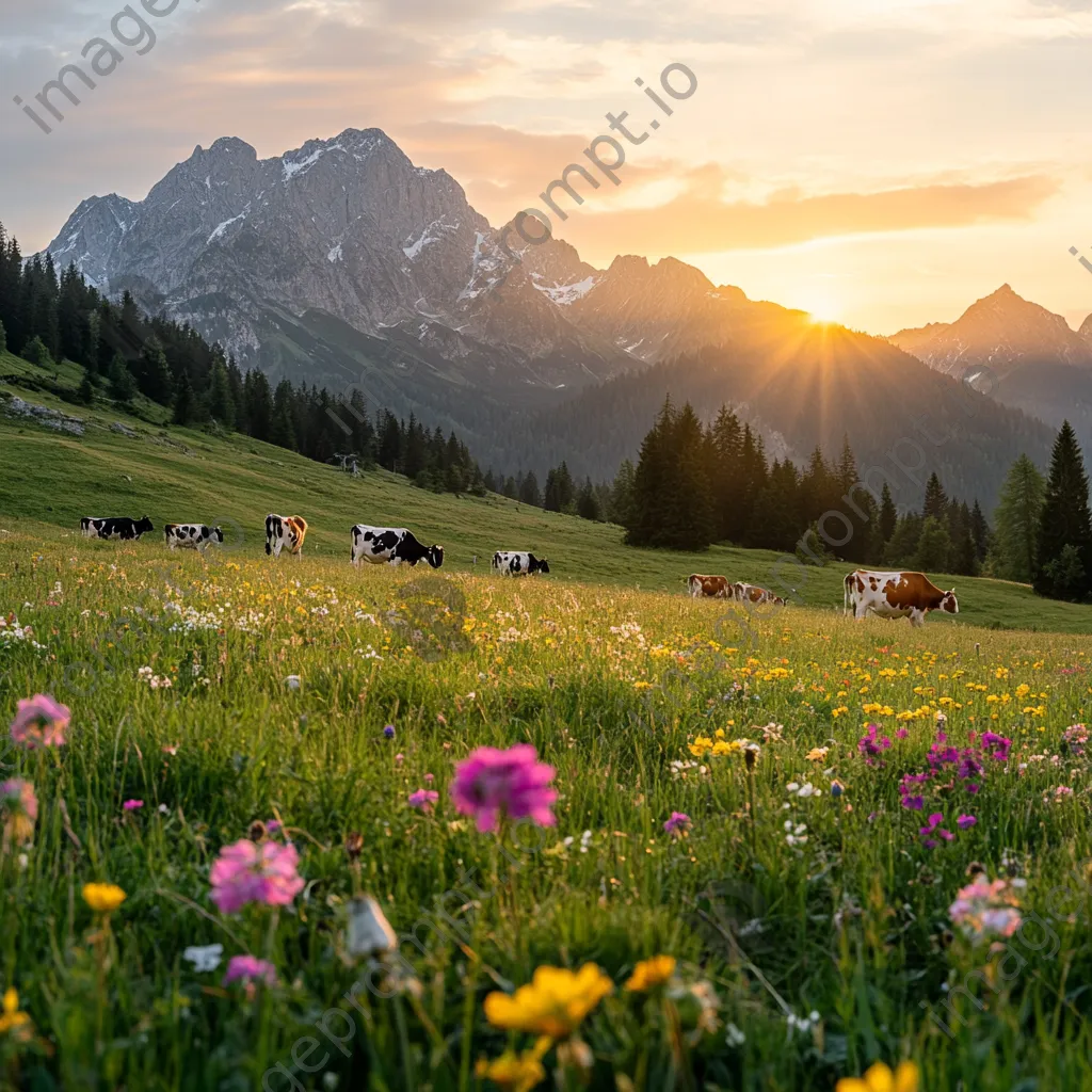 Cattle grazing in an alpine meadow surrounded by vibrant flowers and mountains at sunset. - Image 3