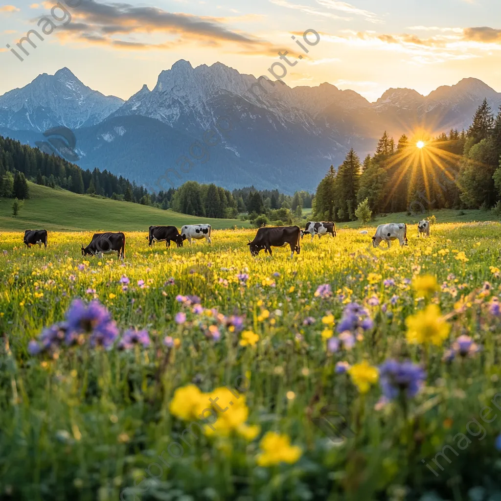 Cattle grazing in an alpine meadow surrounded by vibrant flowers and mountains at sunset. - Image 4