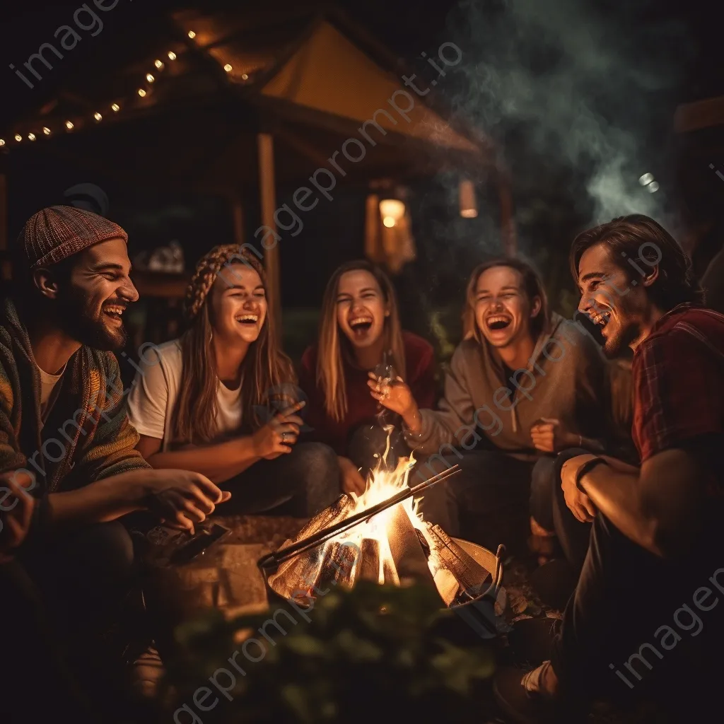 Diverse friends laughing around a campfire under stars - Image 2