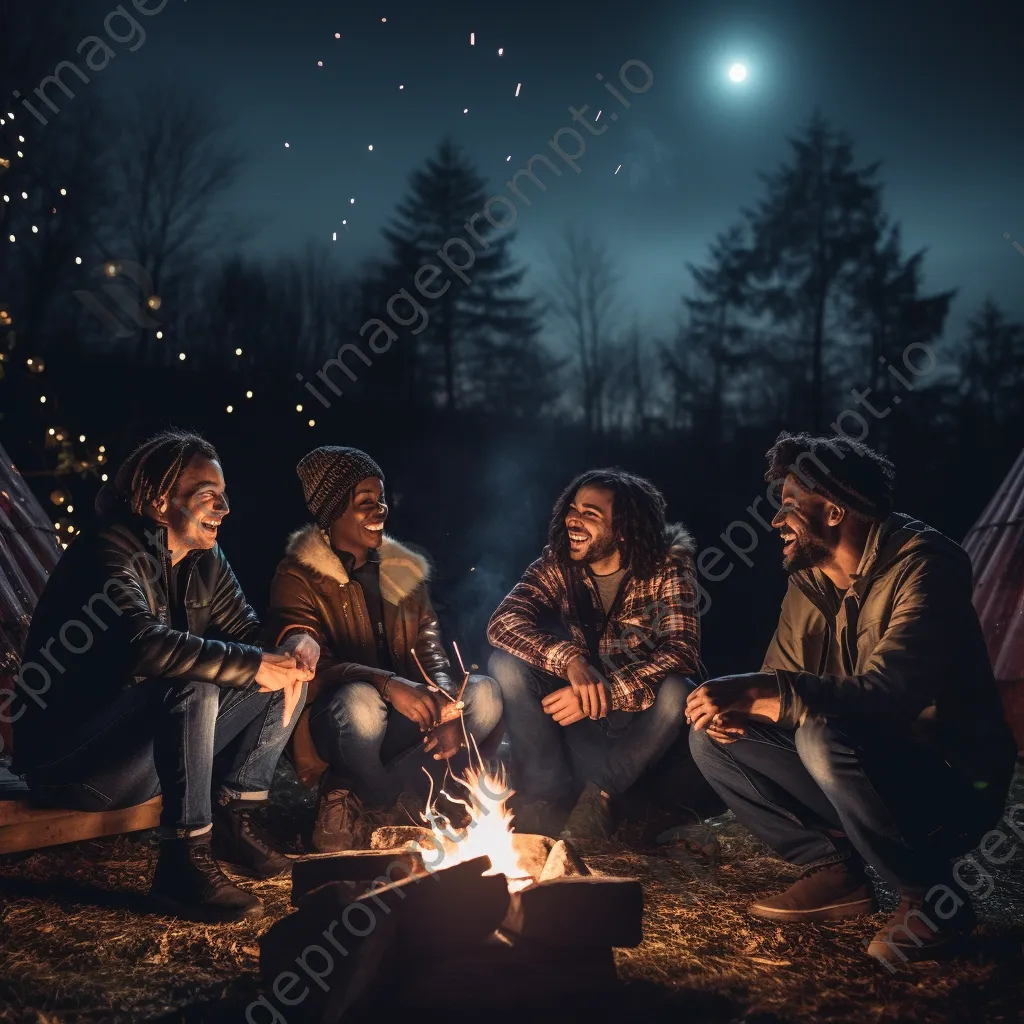 Diverse friends laughing around a campfire under stars - Image 3