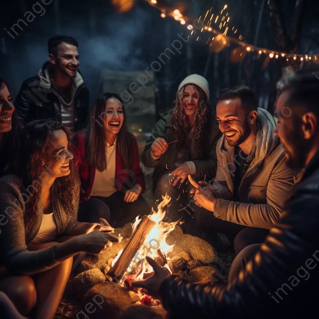 Diverse friends laughing around a campfire under stars - Image 4