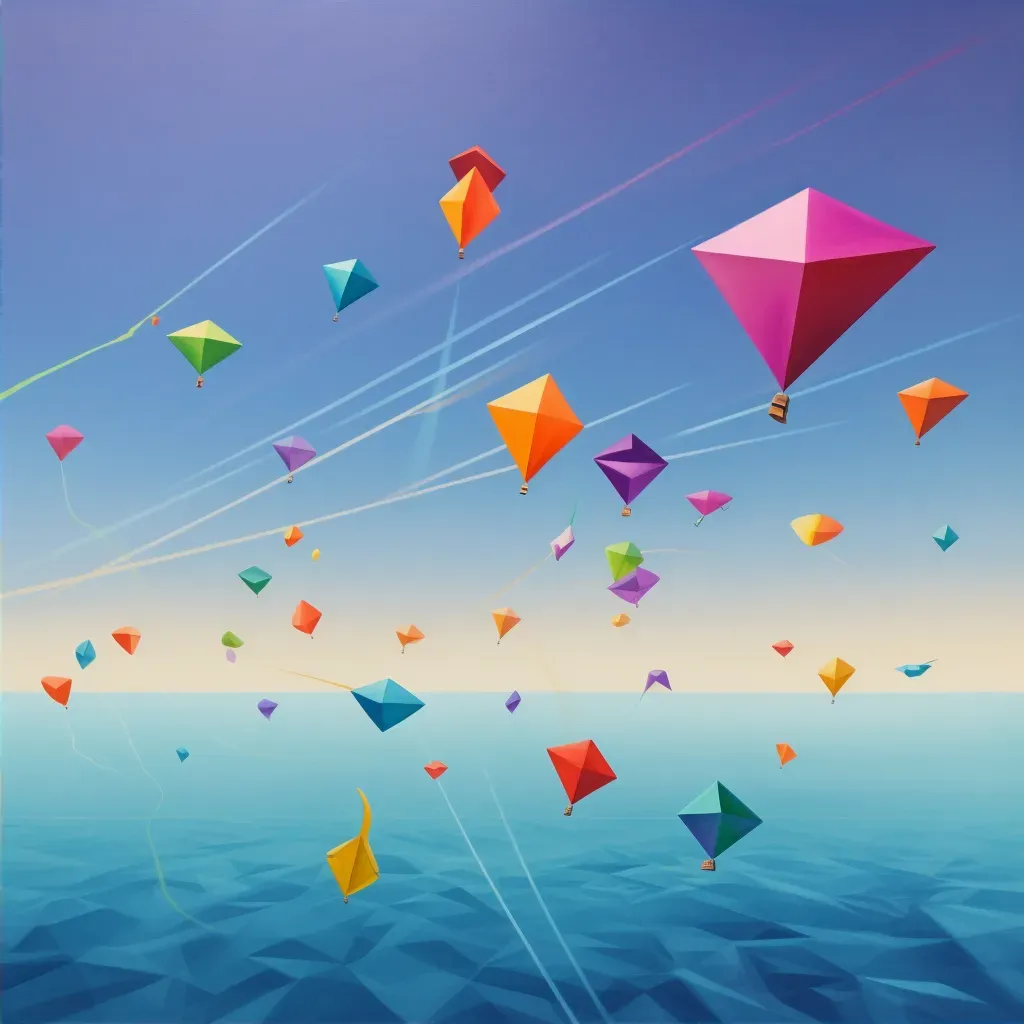 Colorful geometric kites flying against a blue sky - Image 2