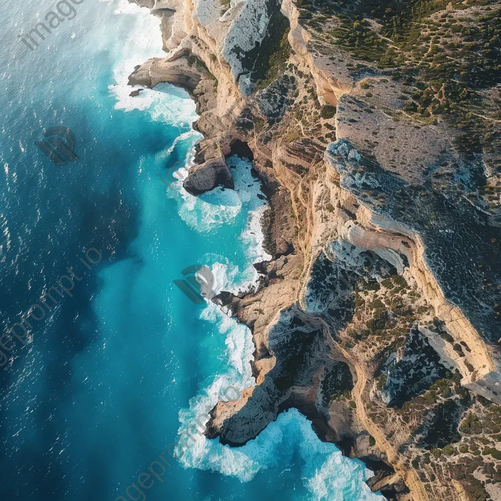 Coastal cliffs and turquoise sea seen from airplane window in aerial shot - Image 1