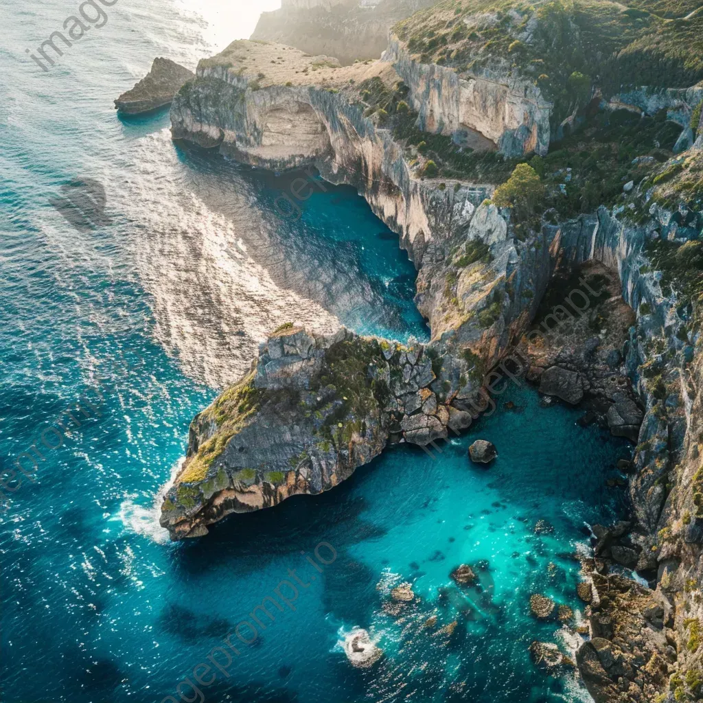 Coastal cliffs and turquoise sea seen from airplane window in aerial shot - Image 2