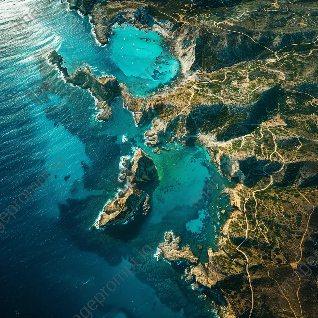 Coastal cliffs and turquoise sea seen from airplane window in aerial shot - Image 3