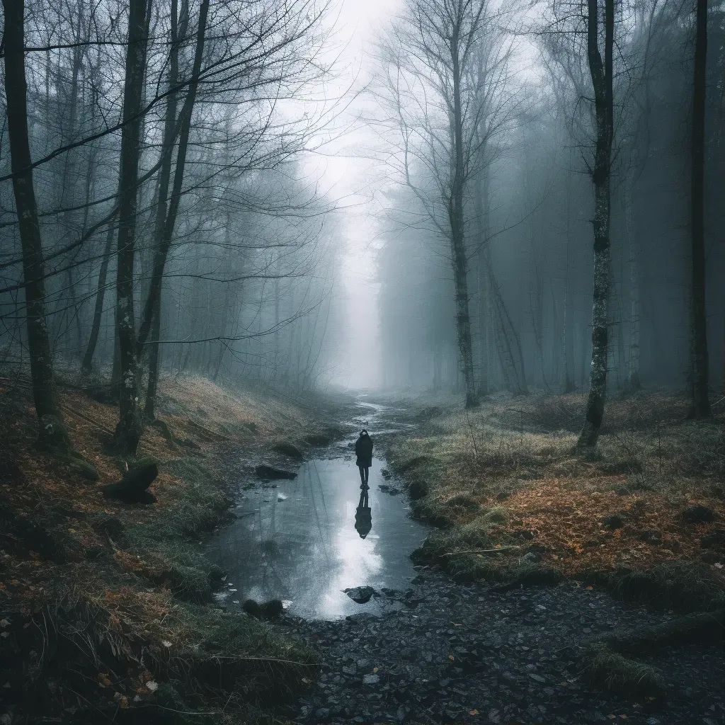 A person finding solace in the stillness of a misty forest - Image 1