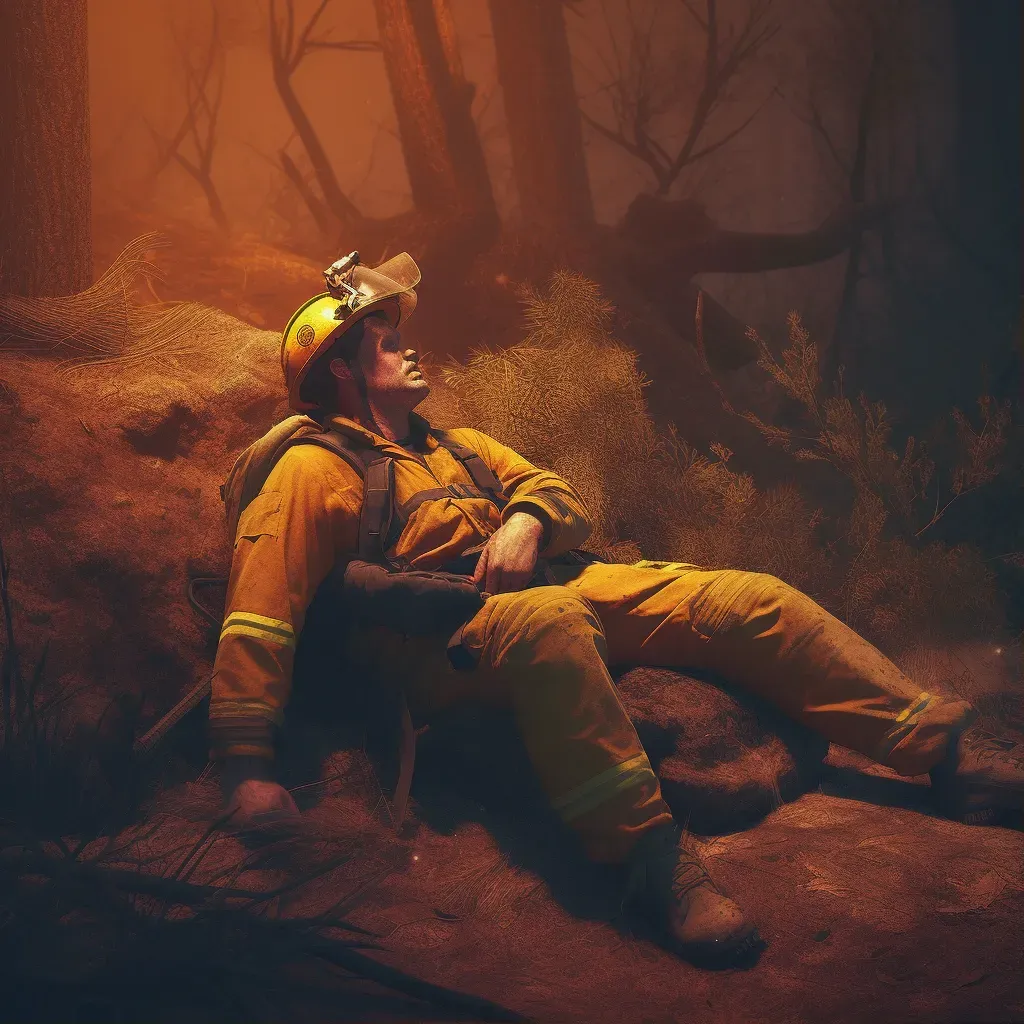 Exhausted firefighter resting after battling a large wildfire - Image 1