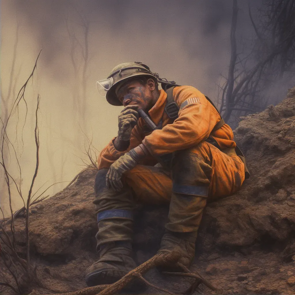 Exhausted firefighter resting after battling a large wildfire - Image 2