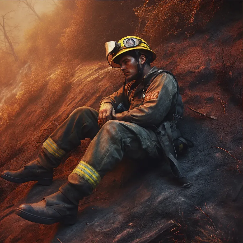 Exhausted firefighter resting after battling a large wildfire - Image 3