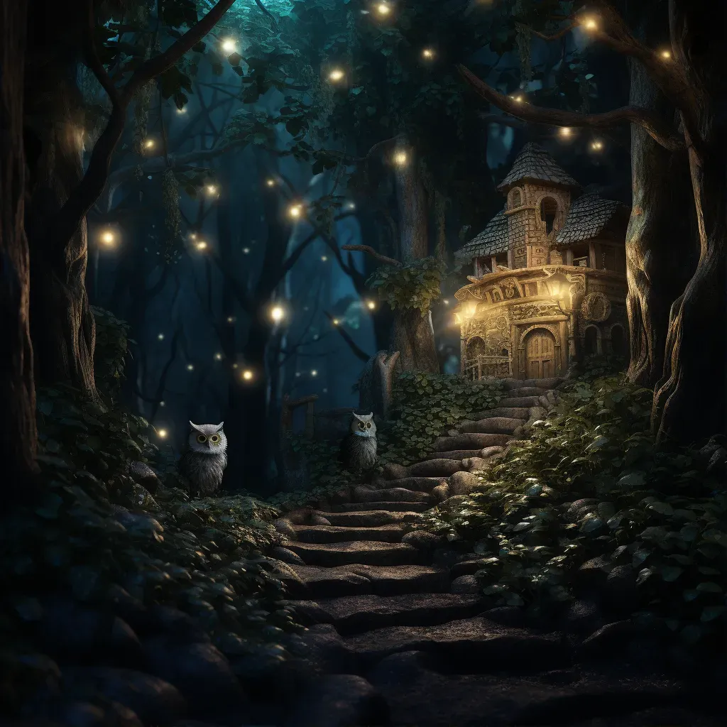 Enchanted cottage guarded by a wise old owl in a dark forest - Image 1