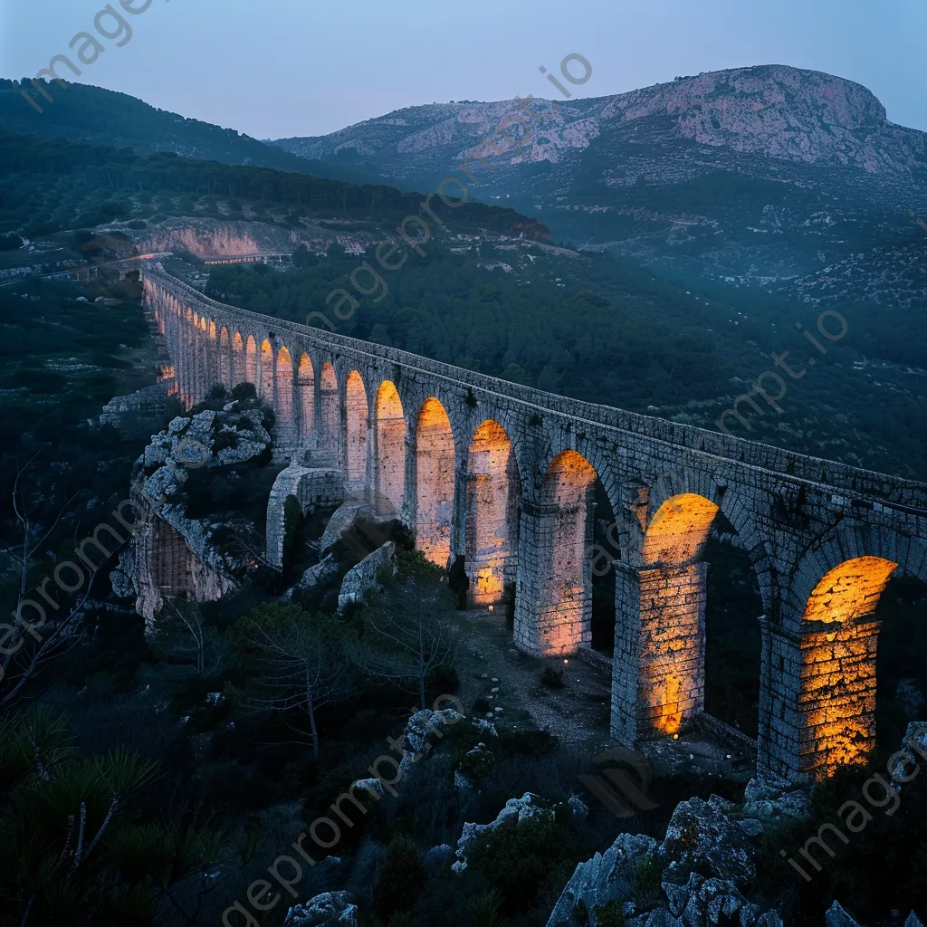 Ancient aqueduct stretching over a valley at dusk - Image 1