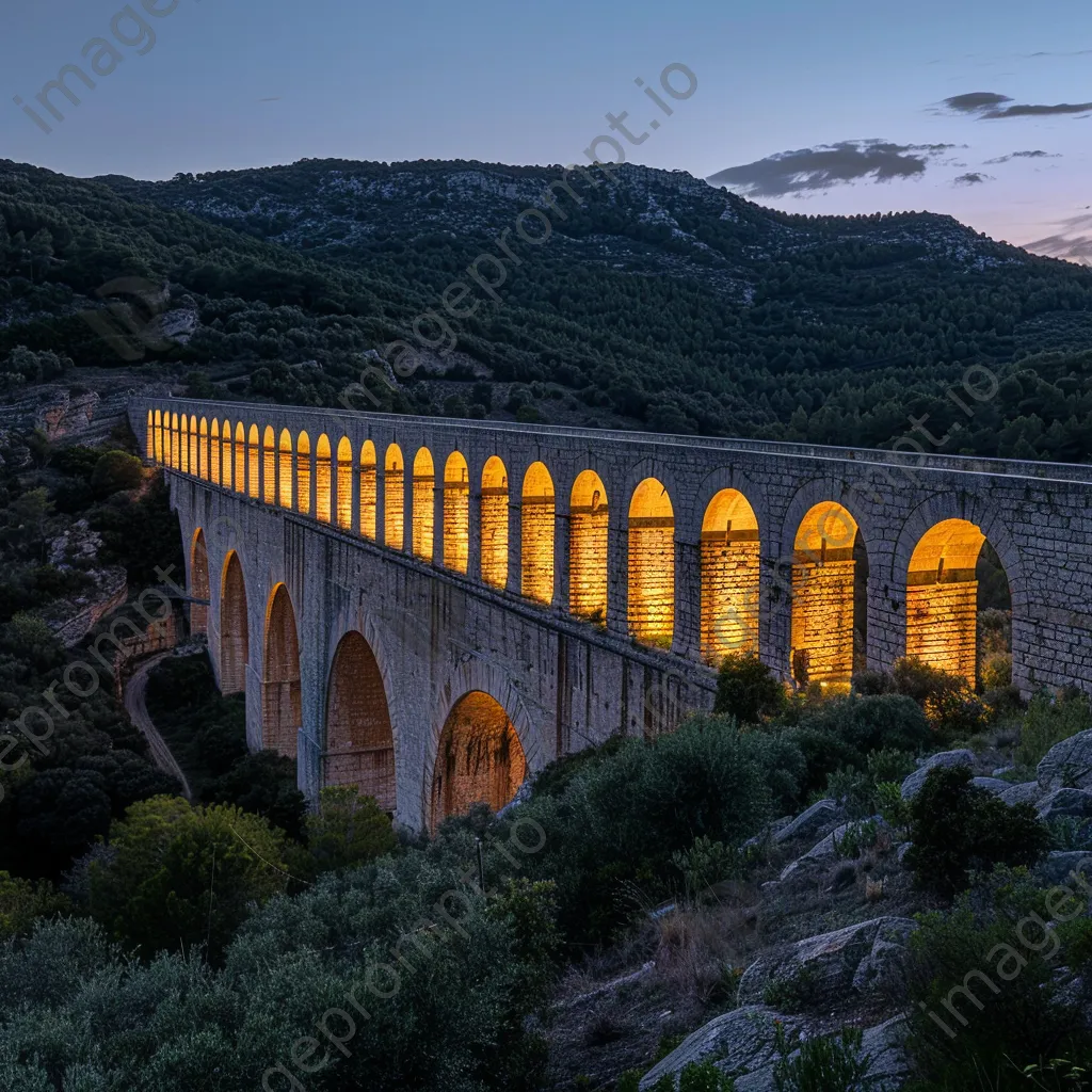 Ancient aqueduct stretching over a valley at dusk - Image 2